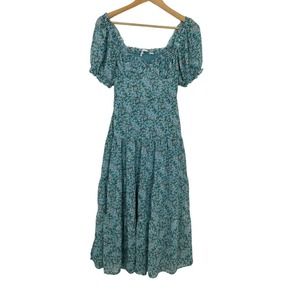 ASTR The Label Women’s Smocked Floral Print Ruffled Midi Dress Blue Sz Small